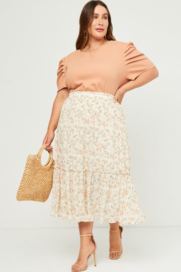 HY5675W Mauve Plus Ribbed Pleated Shoulder Puff Sleeve Top Front